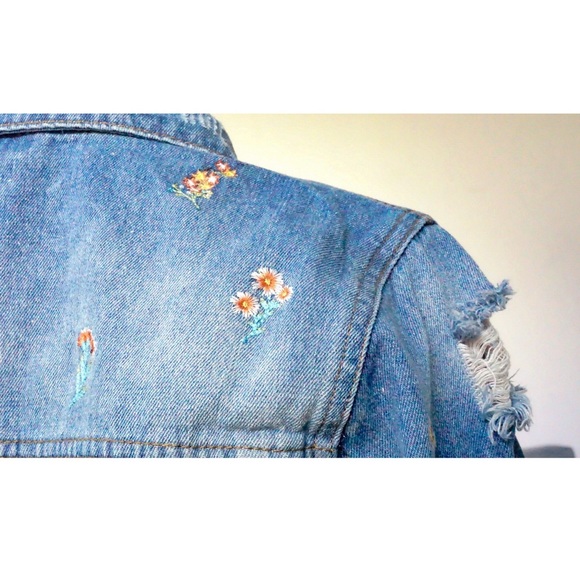 Distressed Denim Jacket Floral Embroidered Detail - Picture 5 of 16